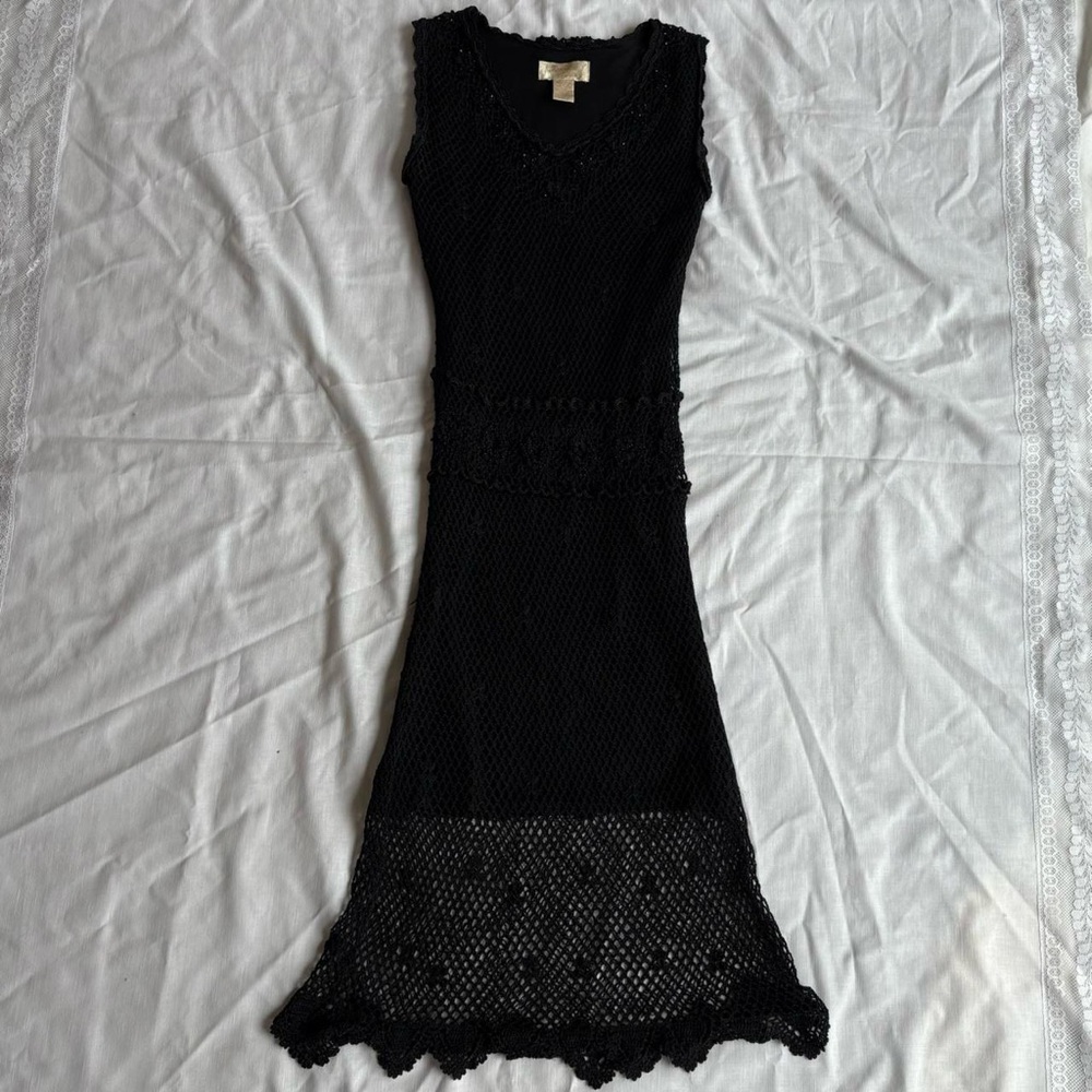 Vintage Kroshetta by Papillion Black Crochet Layered Midi Maxi Long Dress Size S